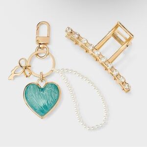 a new day Gold and Teal Heart Keychain with Hair Clip
